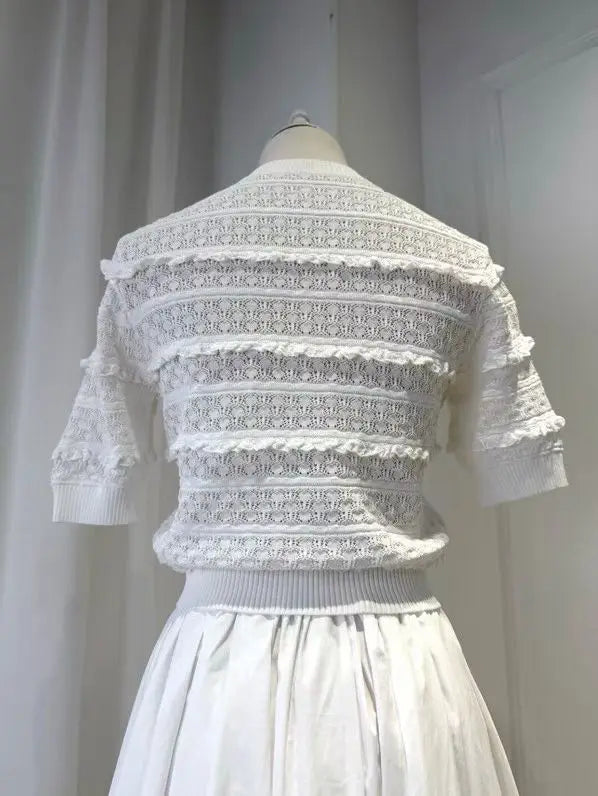 Women White Fashion Set short sleeve knit sweater tops + high waist fashion midi skirt