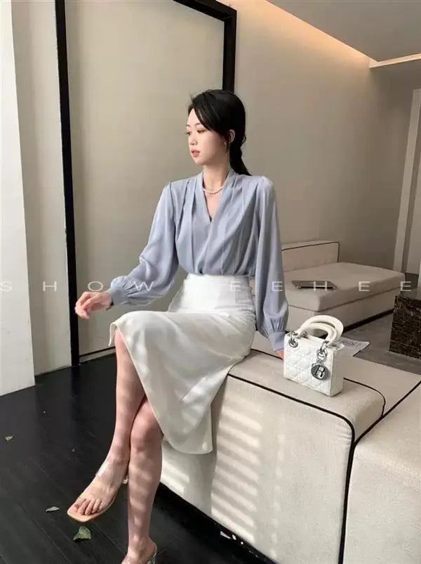 Women Clothing Fashion Loose V-Neck Chiffon Top Spring Autumn Elegant Long Sleeve Blouse Office Lady Simplicity Cozy Solid Shirt