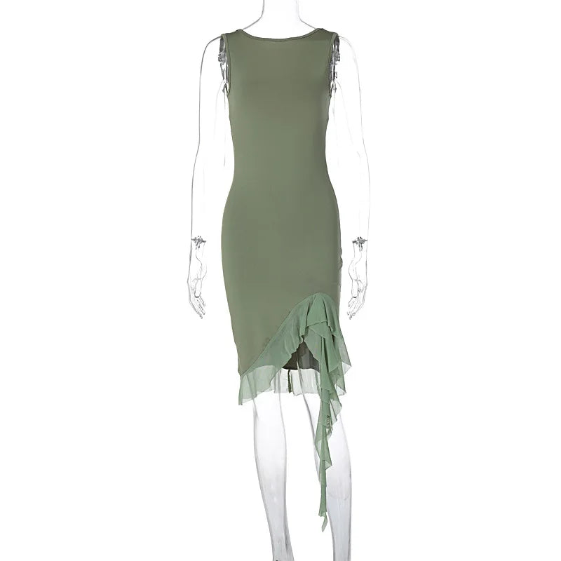 Women Maxi Dress Summer Elegant Solid Sleeveless Nipped Waist Slim Backless Ruffled Irregular Party Dresses Streetwear
