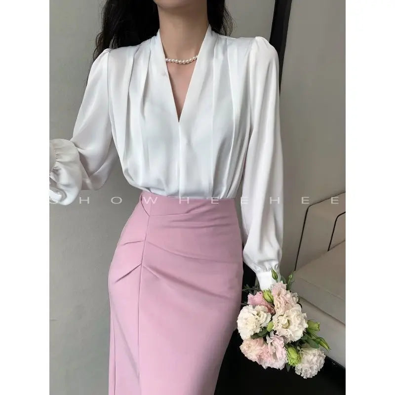 Women Clothing Fashion Loose V-Neck Chiffon Top Spring Autumn Elegant Long Sleeve Blouse Office Lady Simplicity Cozy Solid Shirt