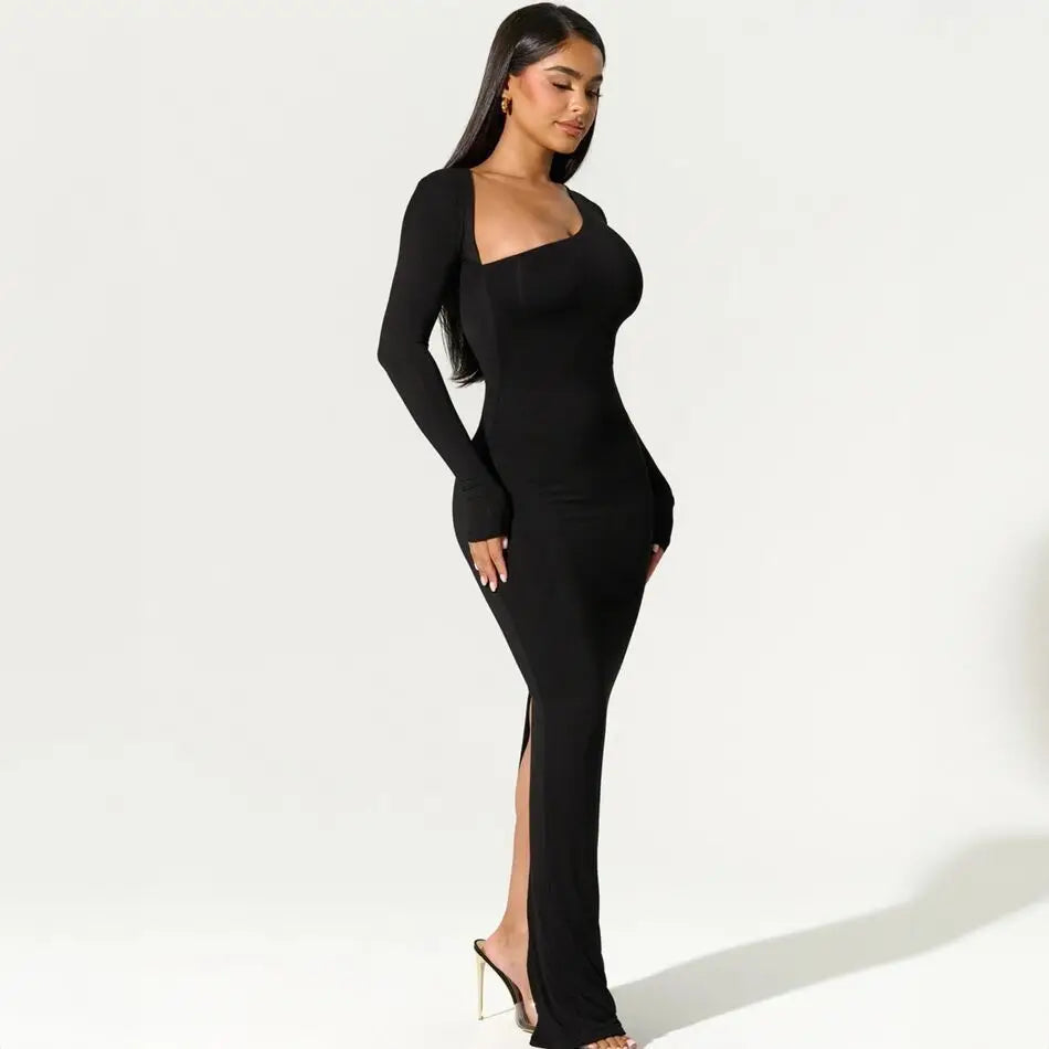 2025 Autumn Women Long-sleeved Diagonal Collar Slim-fitting Party Maxi Dresses Split Dresss
