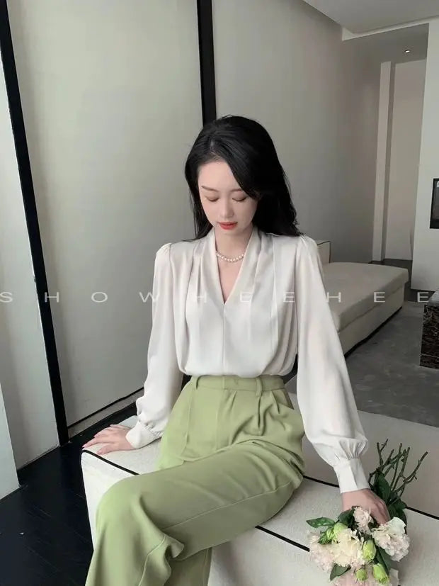 Women Clothing Fashion Loose V-Neck Chiffon Top Spring Autumn Elegant Long Sleeve Blouse Office Lady Simplicity Cozy Solid Shirt
