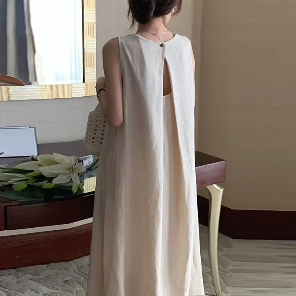 Solid Summer Sleeveless Dress Round Neck Simple Vocation Vest Dresses Beachwear Hollowed Out Open Back Long Dress Teens