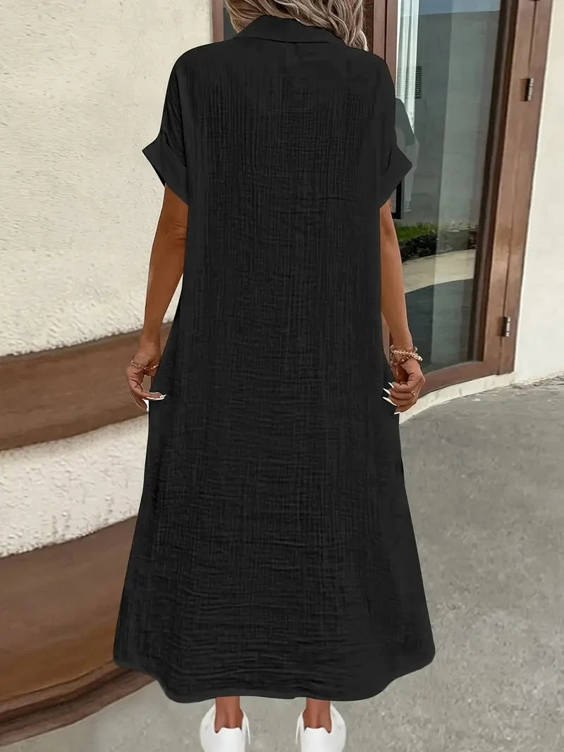 Short Sleeve Button Down Shirt Dress with Pockets Casual Loose Fit Maxi Dress for Women
