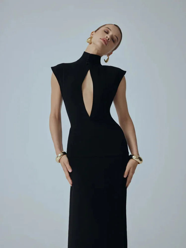 Solid Dresses For Women Fashion Sexy Streetwear Short Sleeves Turtleneck Hollow Out Sheer Long Vestidos Robes Female Elegant Fit
