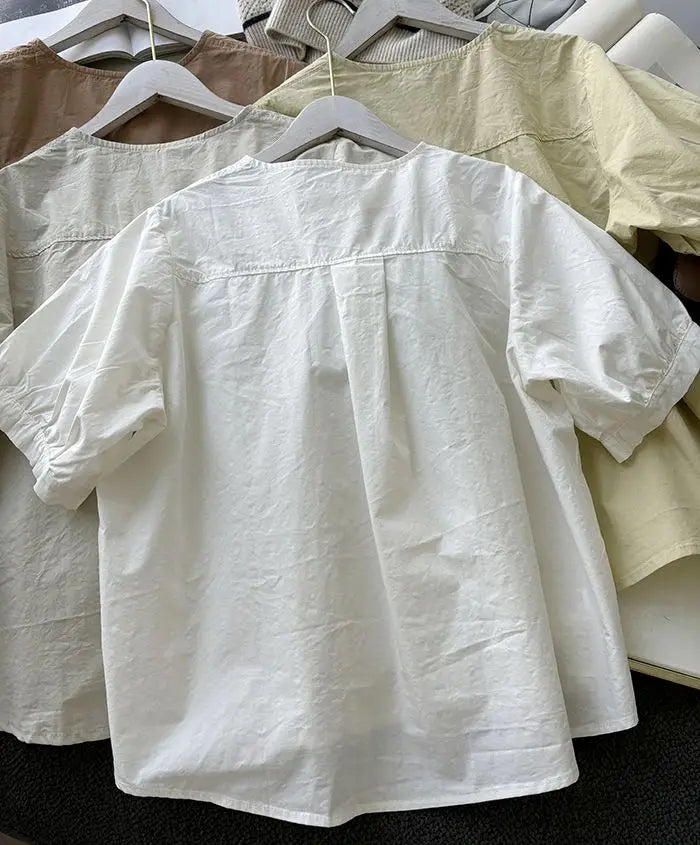 Women Round Neck Blouse Short Sleeve Button Down Loose Casual Solid Color Summer Shirt