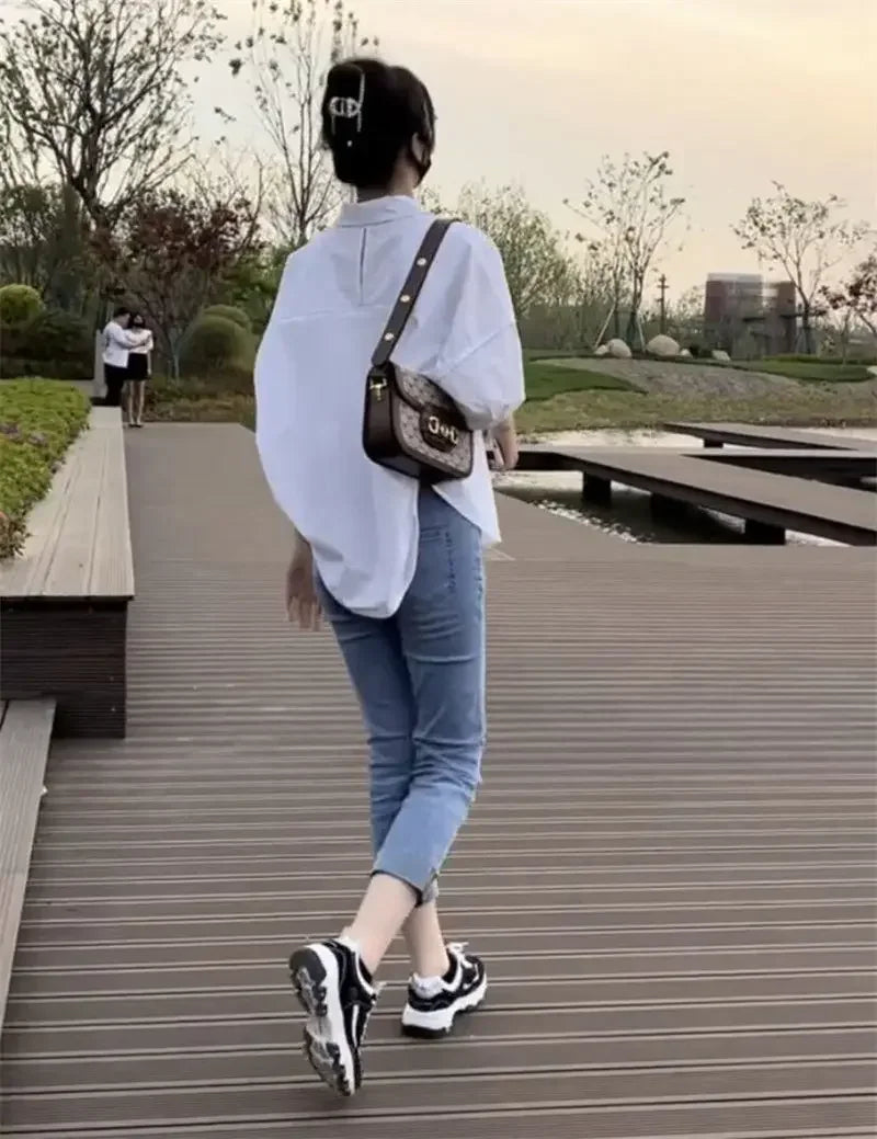 Women Blouses Elegant Streetwear Office Casual Loose Button Up White Blue Long Sleeve Vintage Oversize Shirt Tops