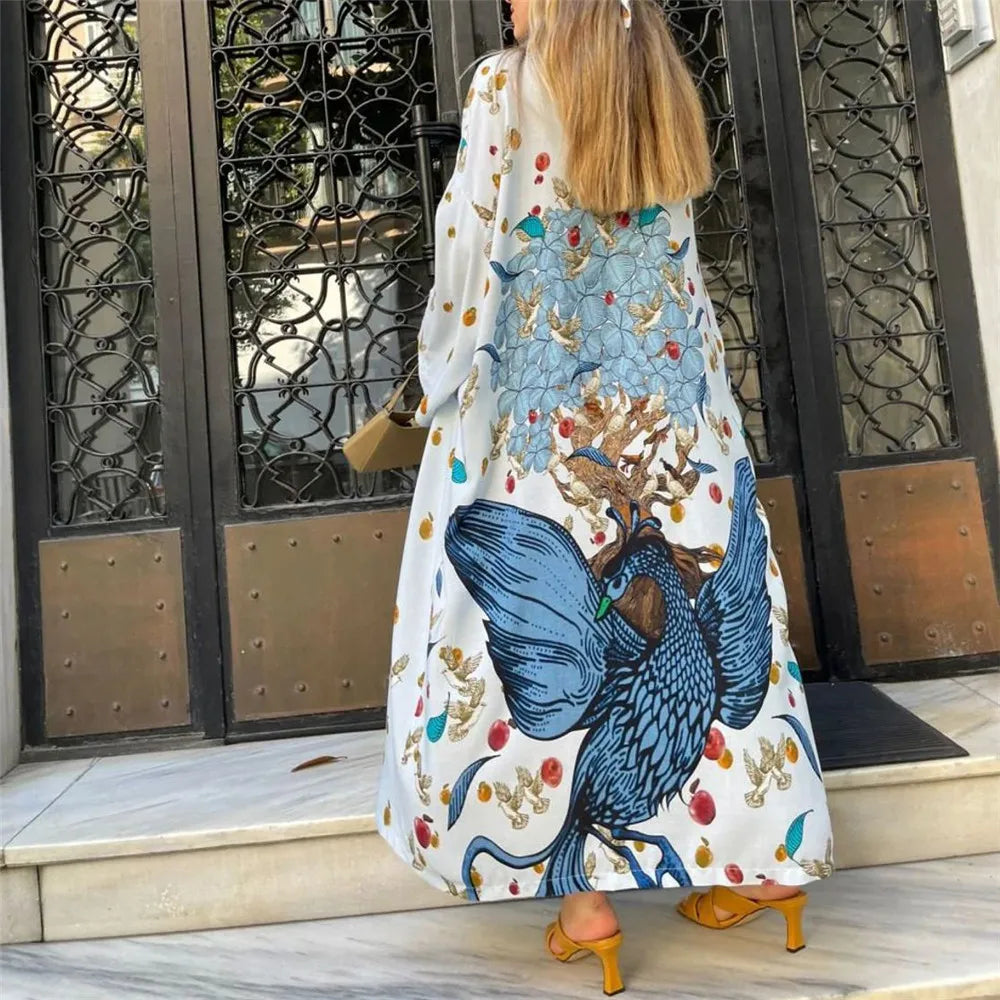 Bird Flower Print Kaftans for Woman Tunicas Femininas Beach Cover Up 2026 Summer Maxi Beach Wear Outfits Kaftan Dresses Womens
