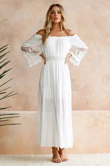 Sundress Swing Dress Women Elegant Long Sleeve Drawstring Slash Neck Lace Pleated Ruffle Loose Vacation Party Dresses Vestidos