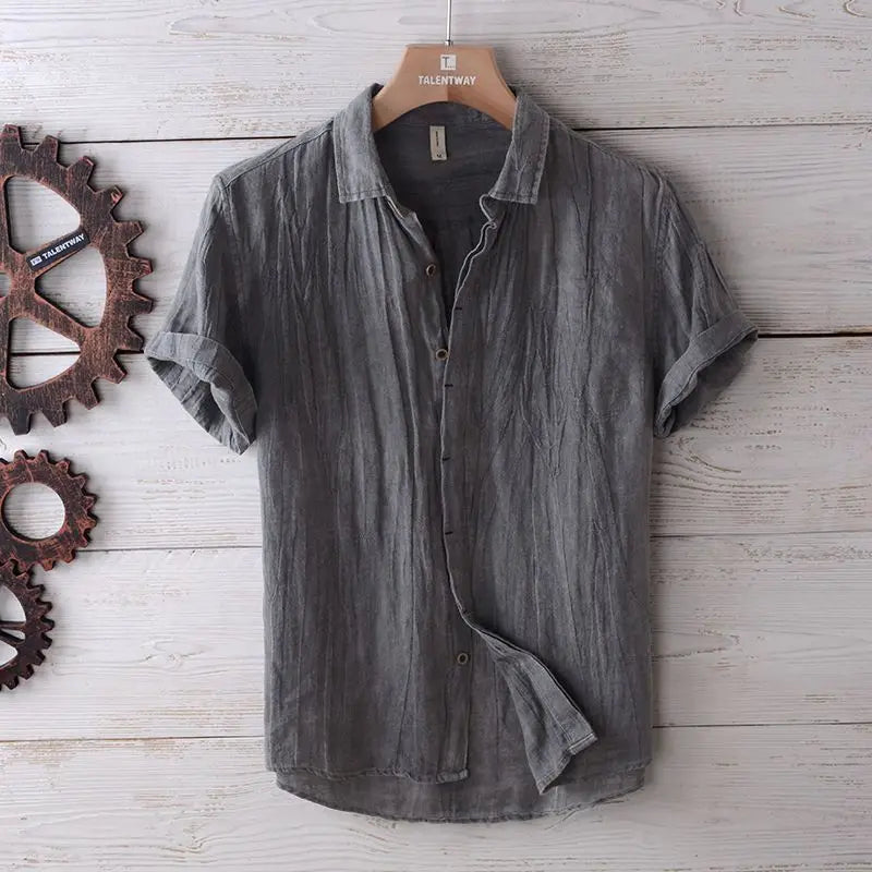 Linen Short Sleeved Shirt for Men, Trendy Japanese Retro Solid Color Summer Thin Casual Loose Cool Shirt Top