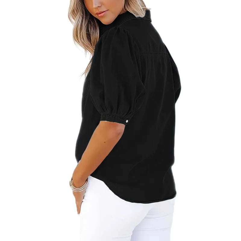 Women’s Casual Short Sleeve Shirt Loose Button Cotton Blouse Lightweight Breathable Summer Office Workwear Elegant Style