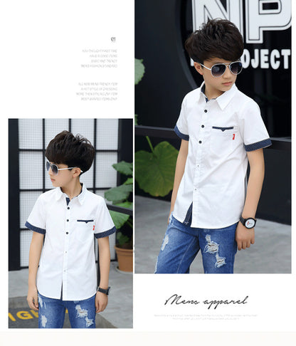 School Boys Shirts Short Sleeve Blouses For Boys Children Clothing Cotton Turn-Down Collar Kids Tops 5 7 9 11 13 15 Years Old