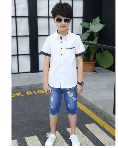 School Boys Shirts Short Sleeve Blouses For Boys Children Clothing Cotton Turn-Down Collar Kids Tops 5 7 9 11 13 15 Years Old