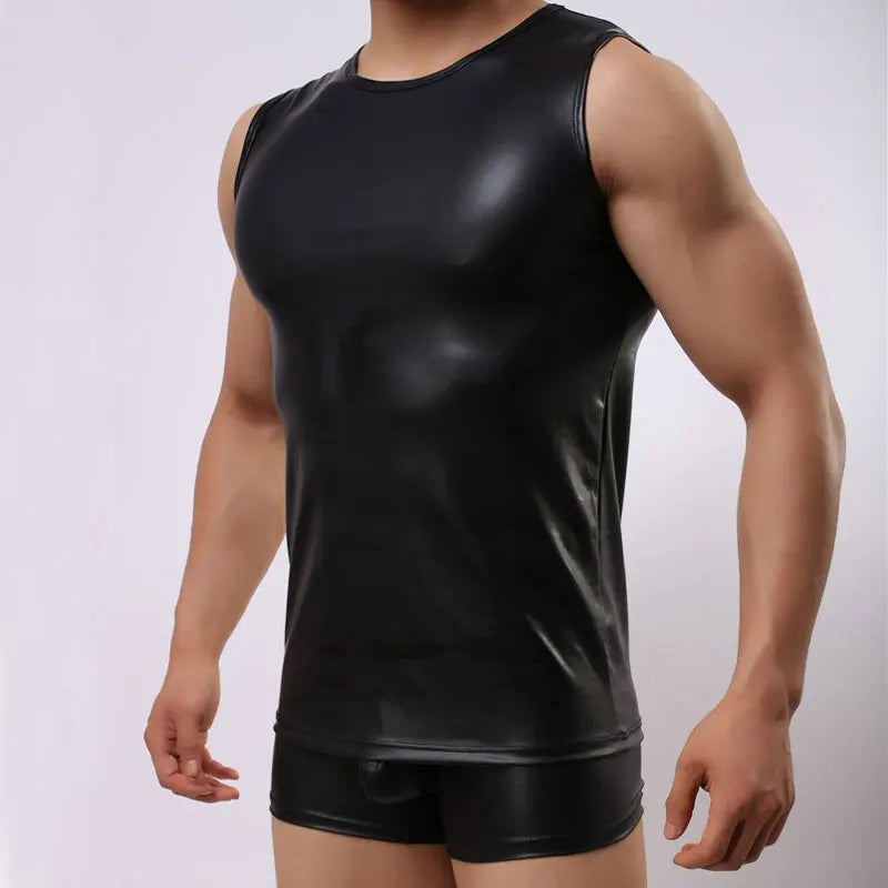 Men Tank Tops Faux Leather Black Sleeveless Vest Sexy Men&