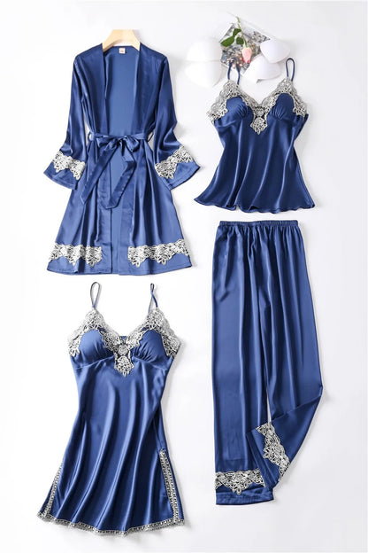 Casual Women Sleepwear Satin Pajamas 4PCS PJS Set Sexy Nightwear Kimono Bathrobe Gown Lace Intimate Lingerie Soft Homewear