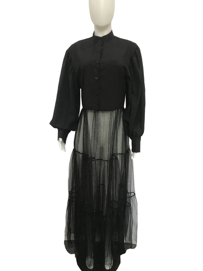 CM.YAYA Women Summer Long Sleeve Maxi Blouses Mesh Patchwork Long Dress Vintage Sexy Club Maxi Dresses