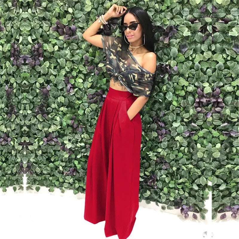 Women Casual Loose Palazzo Pants Autumn High Waisted Wide Leg Trousers Pleated Long Culottes Pants Elastic Waist Trouser Pockets