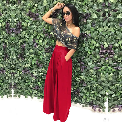Women Casual Loose Palazzo Pants Autumn High Waisted Wide Leg Trousers Pleated Long Culottes Pants Elastic Waist Trouser Pockets