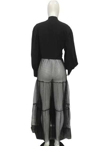 CM.YAYA Women Summer Long Sleeve Maxi Blouses Mesh Patchwork Long Dress Vintage Sexy Club Maxi Dresses