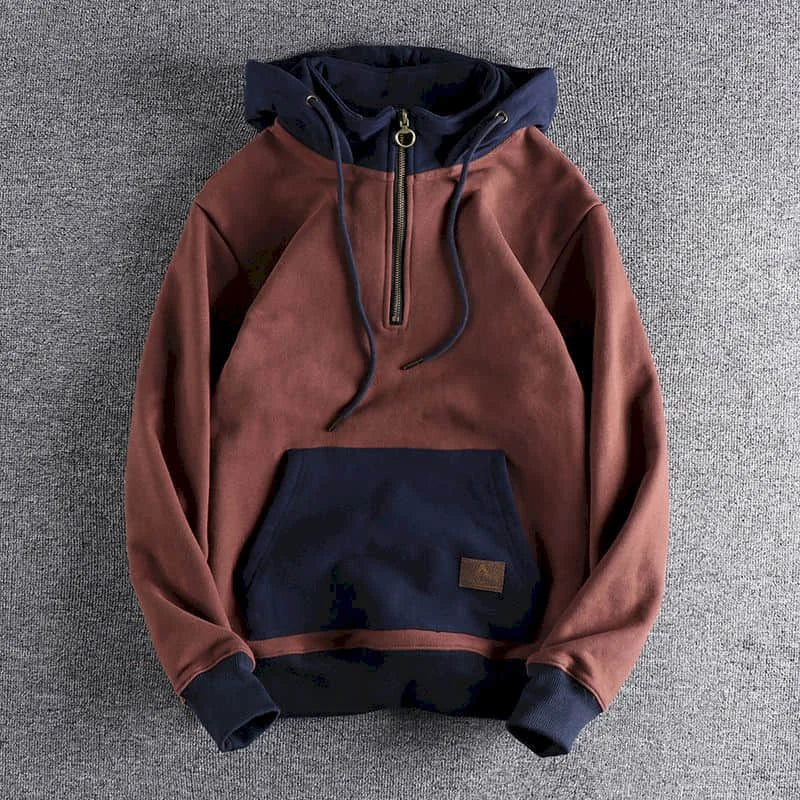 Fonekie Casual Handsome Hoodies Men 2025 Autumn Winter Retro Trend Color Contrast Hooded Jacket Youth Stand-up Collar Mens Coat