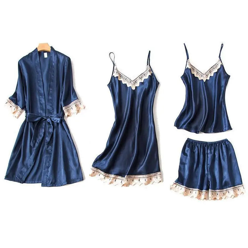 Casual Women Sleepwear Satin Pajamas 4PCS PJS Set Sexy Nightwear Kimono Bathrobe Gown Lace Intimate Lingerie Soft Homewear