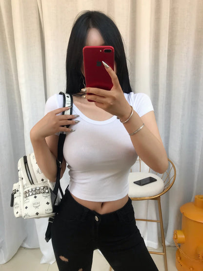 Crop Top Black T Shirts Slim Sexy Basic Short TShirts Femme Club White Women Shirts Harajuku 2026 Summer Short Sleeve Crop Tops