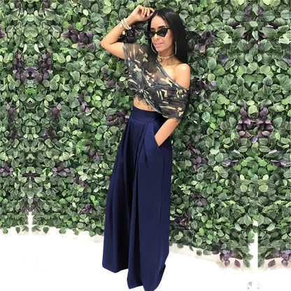 Women Casual Loose Palazzo Pants Autumn High Waisted Wide Leg Trousers Pleated Long Culottes Pants Elastic Waist Trouser Pockets