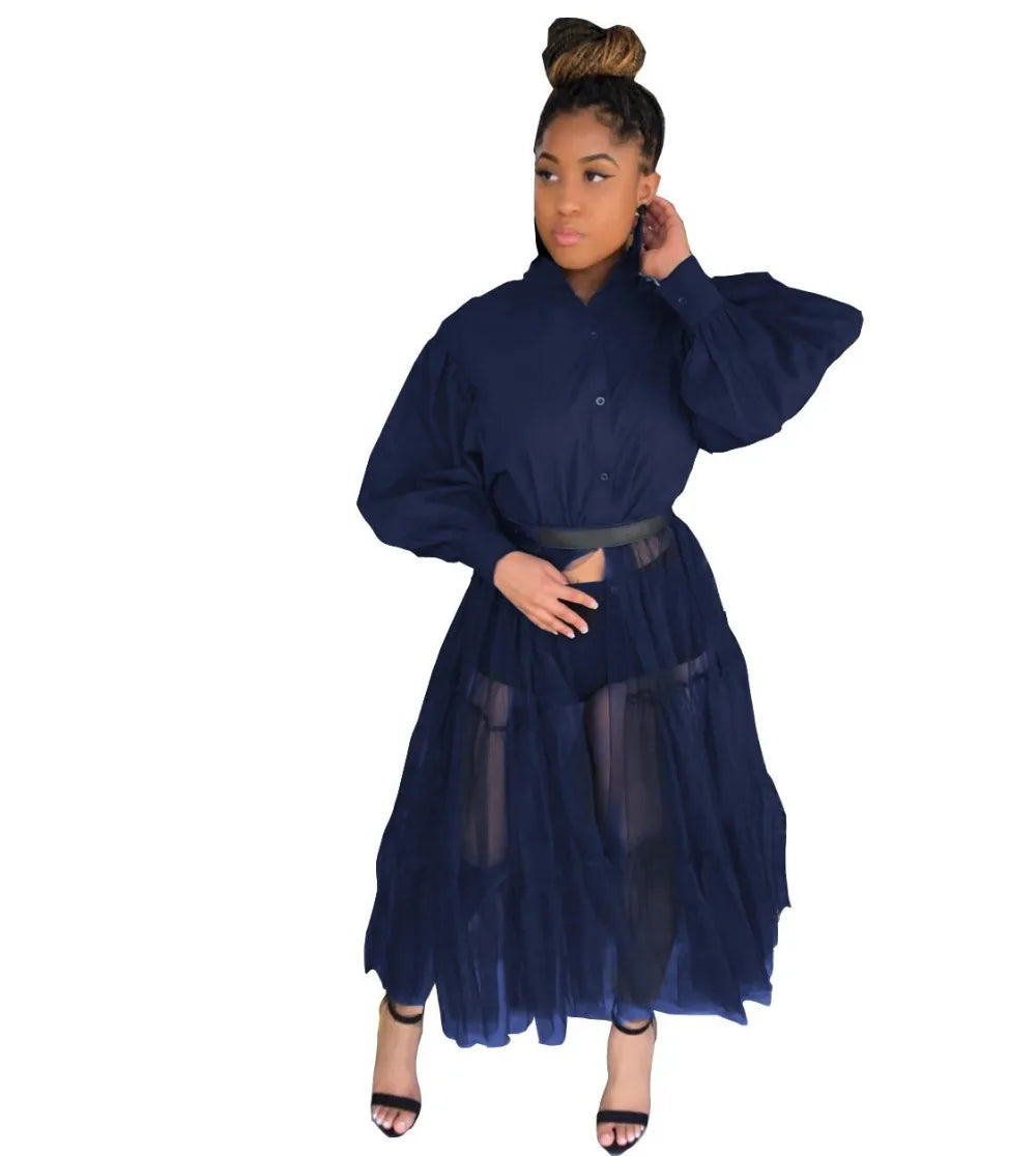 CM.YAYA Women Summer Long Sleeve Maxi Blouses Mesh Patchwork Long Dress Vintage Sexy Club Maxi Dresses