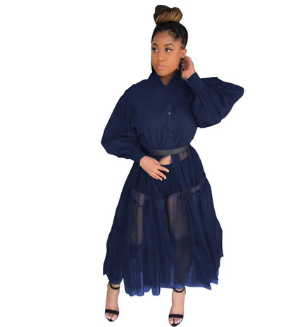 CM.YAYA Women Summer Long Sleeve Maxi Blouses Mesh Patchwork Long Dress Vintage Sexy Club Maxi Dresses