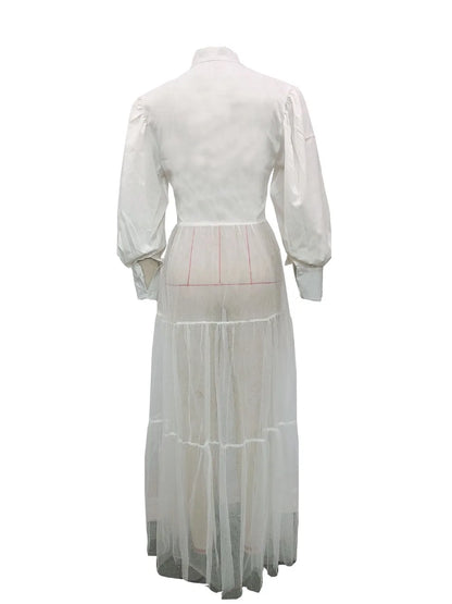 CM.YAYA Women Summer Long Sleeve Maxi Blouses Mesh Patchwork Long Dress Vintage Sexy Club Maxi Dresses