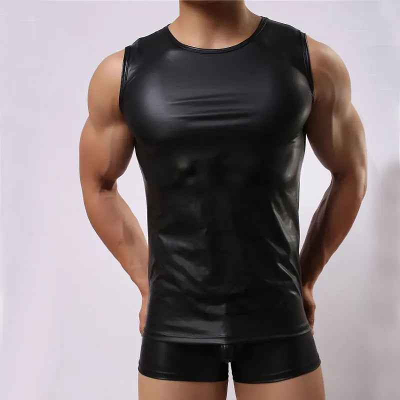 Men Tank Tops Faux Leather Black Sleeveless Vest Sexy Men&