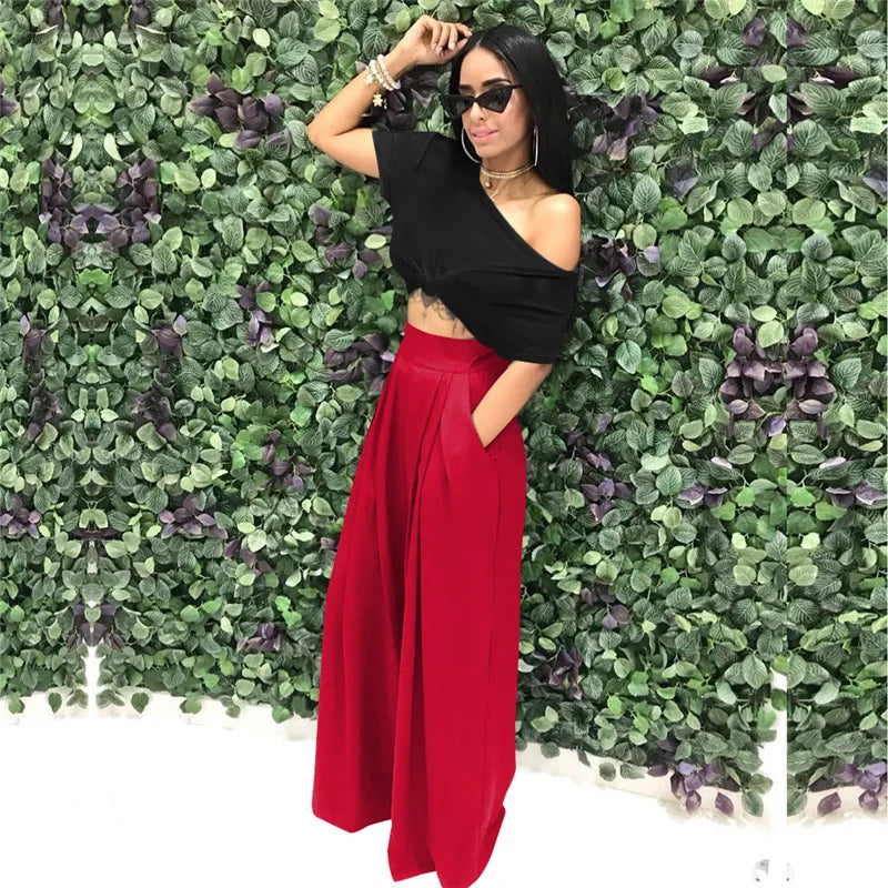 Women Casual Loose Palazzo Pants Autumn High Waisted Wide Leg Trousers Pleated Long Culottes Pants Elastic Waist Trouser Pockets