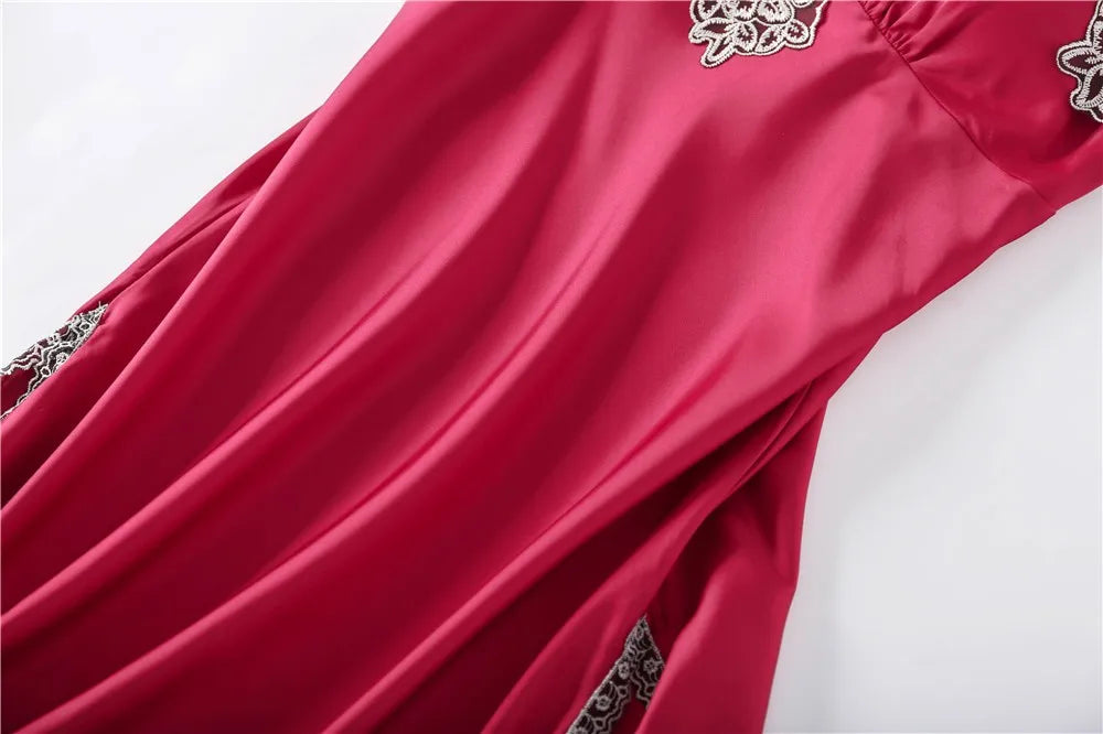 Casual Women Sleepwear Satin Pajamas 4PCS PJS Set Sexy Nightwear Kimono Bathrobe Gown Lace Intimate Lingerie Soft Homewear