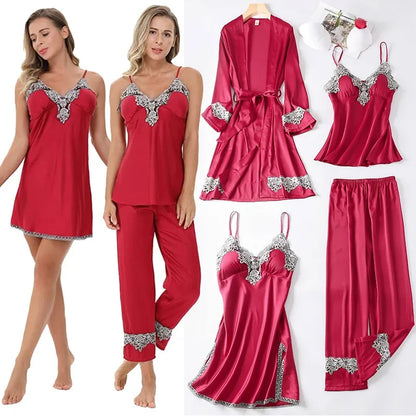Casual Women Sleepwear Satin Pajamas 4PCS PJS Set Sexy Nightwear Kimono Bathrobe Gown Lace Intimate Lingerie Soft Homewear