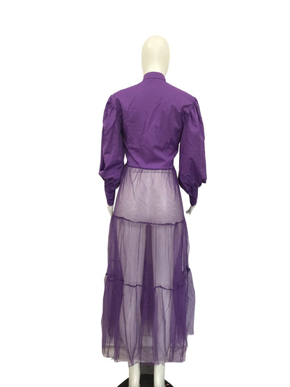 CM.YAYA Women Summer Long Sleeve Maxi Blouses Mesh Patchwork Long Dress Vintage Sexy Club Maxi Dresses