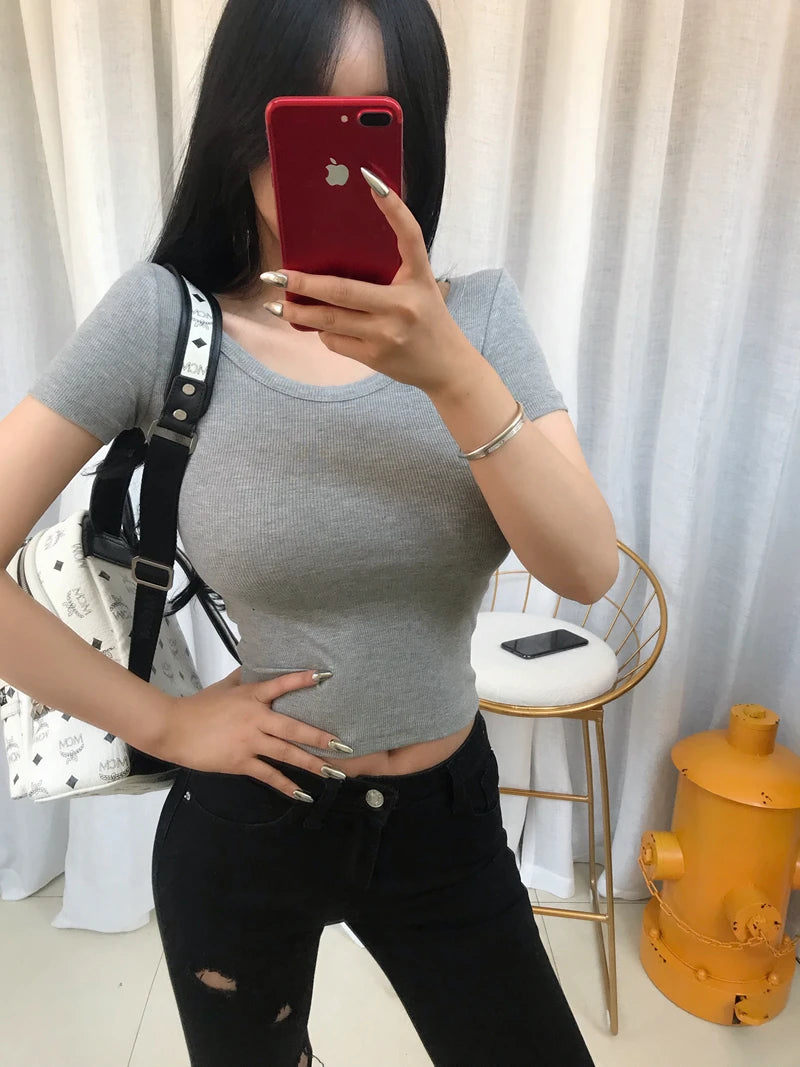 Crop Top Black T Shirts Slim Sexy Basic Short TShirts Femme Club White Women Shirts Harajuku 2026 Summer Short Sleeve Crop Tops
