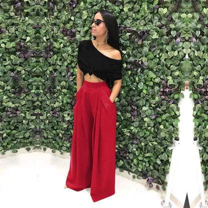 Women Casual Loose Palazzo Pants Autumn High Waisted Wide Leg Trousers Pleated Long Culottes Pants Elastic Waist Trouser Pockets