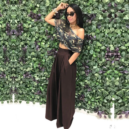 Women Casual Loose Palazzo Pants Autumn High Waisted Wide Leg Trousers Pleated Long Culottes Pants Elastic Waist Trouser Pockets