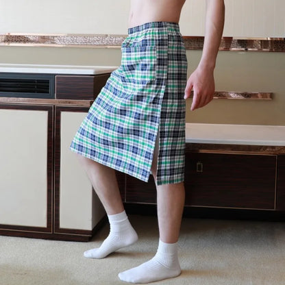 Sexy Pajamas For Men Sleepwear Men British Style Plaid Loose Lounge Pyjama Male Cotton Sleep Bottoms Homme Side Split Nightdress