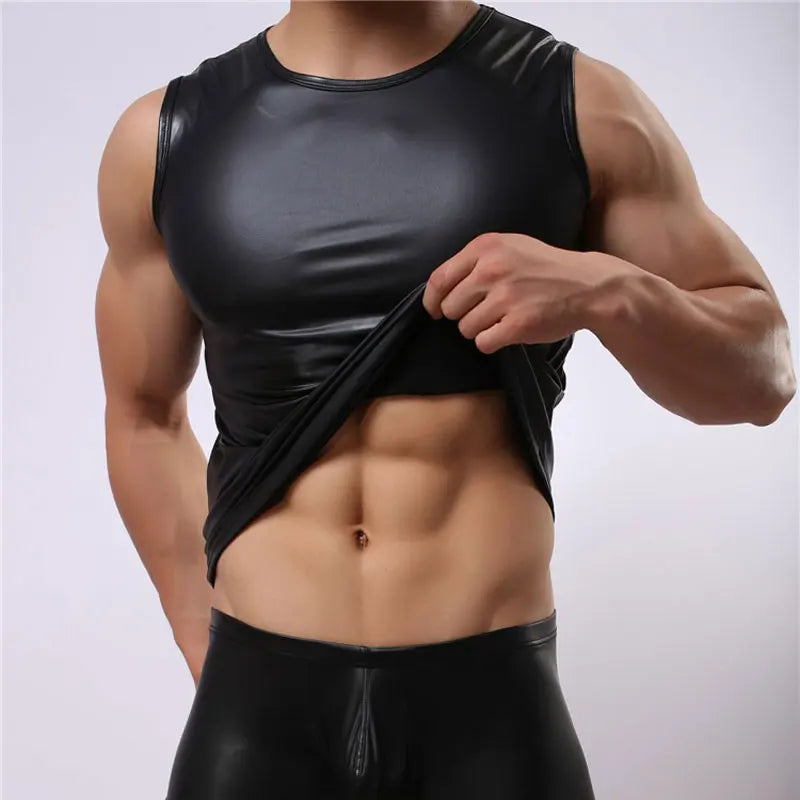 Men Tank Tops Faux Leather Black Sleeveless Vest Sexy Men&