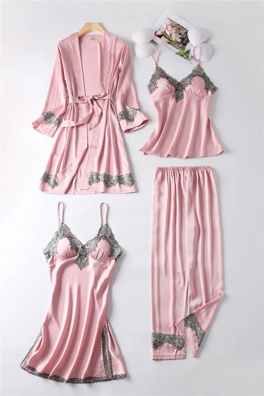 Casual Women Sleepwear Satin Pajamas 4PCS PJS Set Sexy Nightwear Kimono Bathrobe Gown Lace Intimate Lingerie Soft Homewear