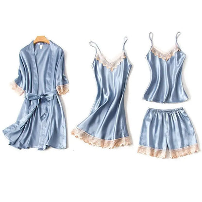 Casual Women Sleepwear Satin Pajamas 4PCS PJS Set Sexy Nightwear Kimono Bathrobe Gown Lace Intimate Lingerie Soft Homewear