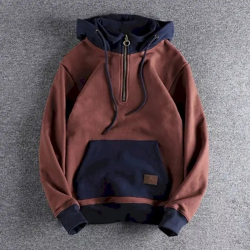 Fonekie Casual Handsome Hoodies Men 2025 Autumn Winter Retro Trend Color Contrast Hooded Jacket Youth Stand-up Collar Mens Coat
