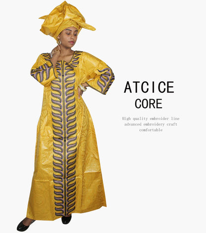 African Plus Size Kaftan Dress Emboridered Full Gown Nightdress Party Casual Dress With Scarf