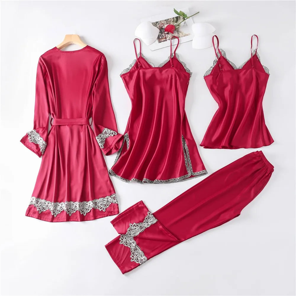 Casual Women Sleepwear Satin Pajamas 4PCS PJS Set Sexy Nightwear Kimono Bathrobe Gown Lace Intimate Lingerie Soft Homewear