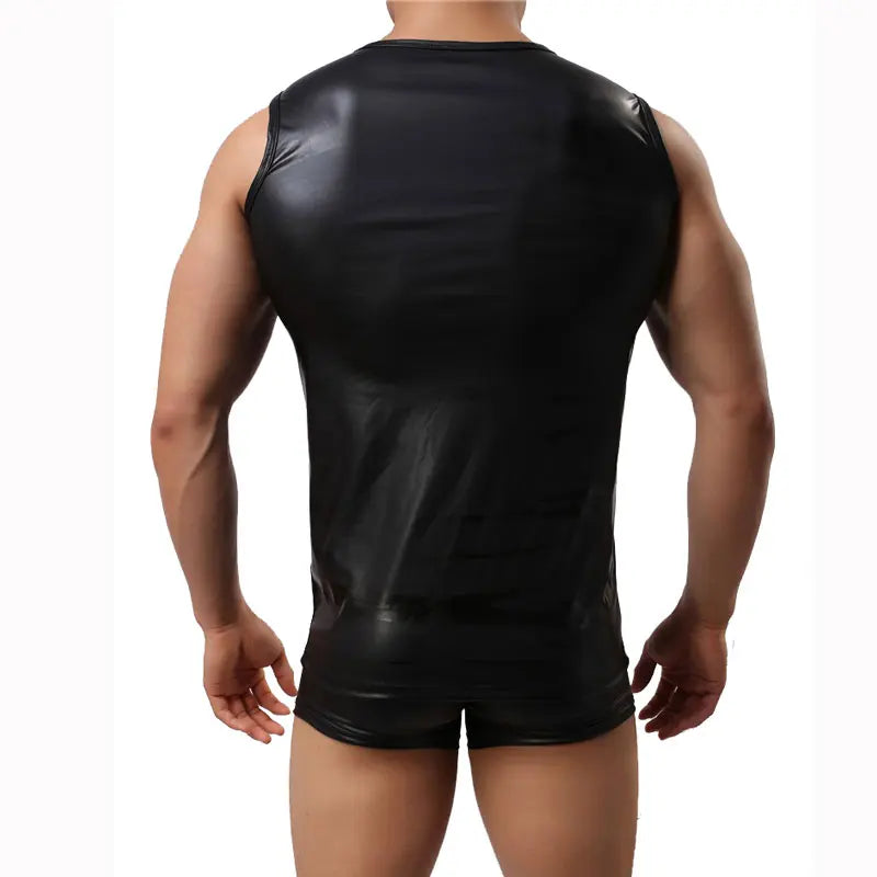 Men Tank Tops Faux Leather Black Sleeveless Vest Sexy Men&