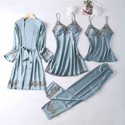 Casual Women Sleepwear Satin Pajamas 4PCS PJS Set Sexy Nightwear Kimono Bathrobe Gown Lace Intimate Lingerie Soft Homewear