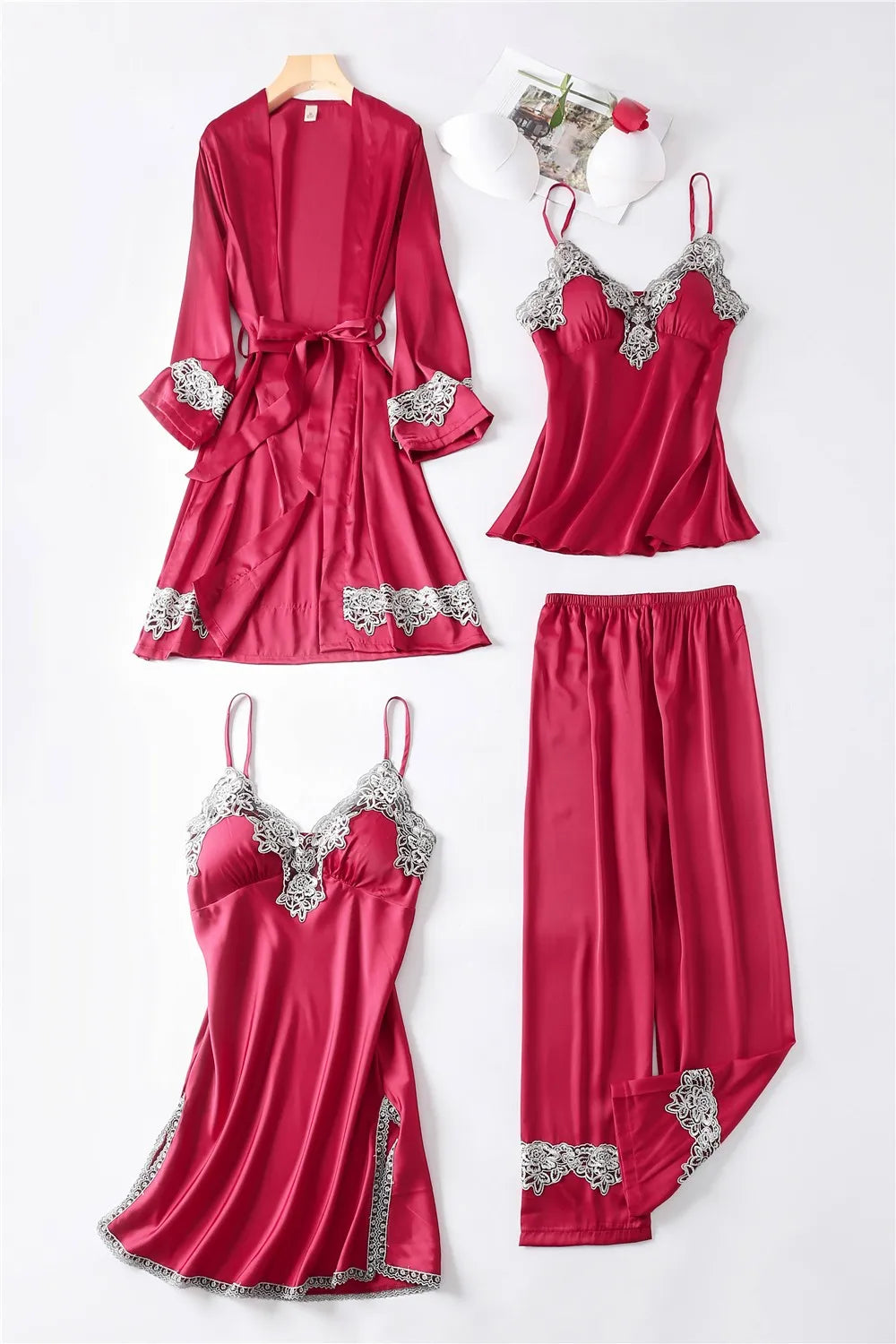 Casual Women Sleepwear Satin Pajamas 4PCS PJS Set Sexy Nightwear Kimono Bathrobe Gown Lace Intimate Lingerie Soft Homewear