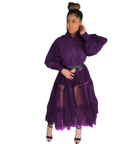 CM.YAYA Women Summer Long Sleeve Maxi Blouses Mesh Patchwork Long Dress Vintage Sexy Club Maxi Dresses