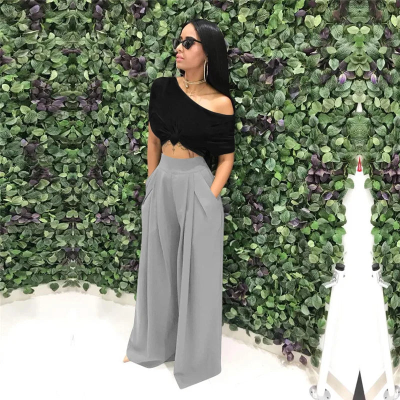 Women Casual Loose Palazzo Pants Autumn High Waisted Wide Leg Trousers Pleated Long Culottes Pants Elastic Waist Trouser Pockets